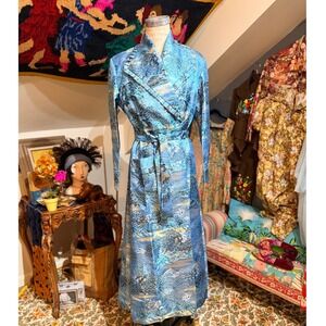 Vintage Japanese Silk Brocade Robe Kimono Style Blue Landscape Print Belted Long